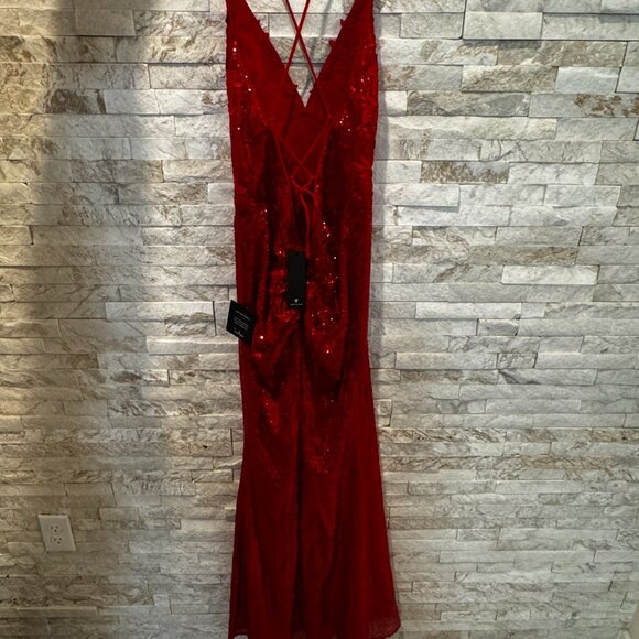 Lulus I've Got To Glow Red Sequin Lace-up Mermaid Maxi Dress - Size M - Picture 4 of 6